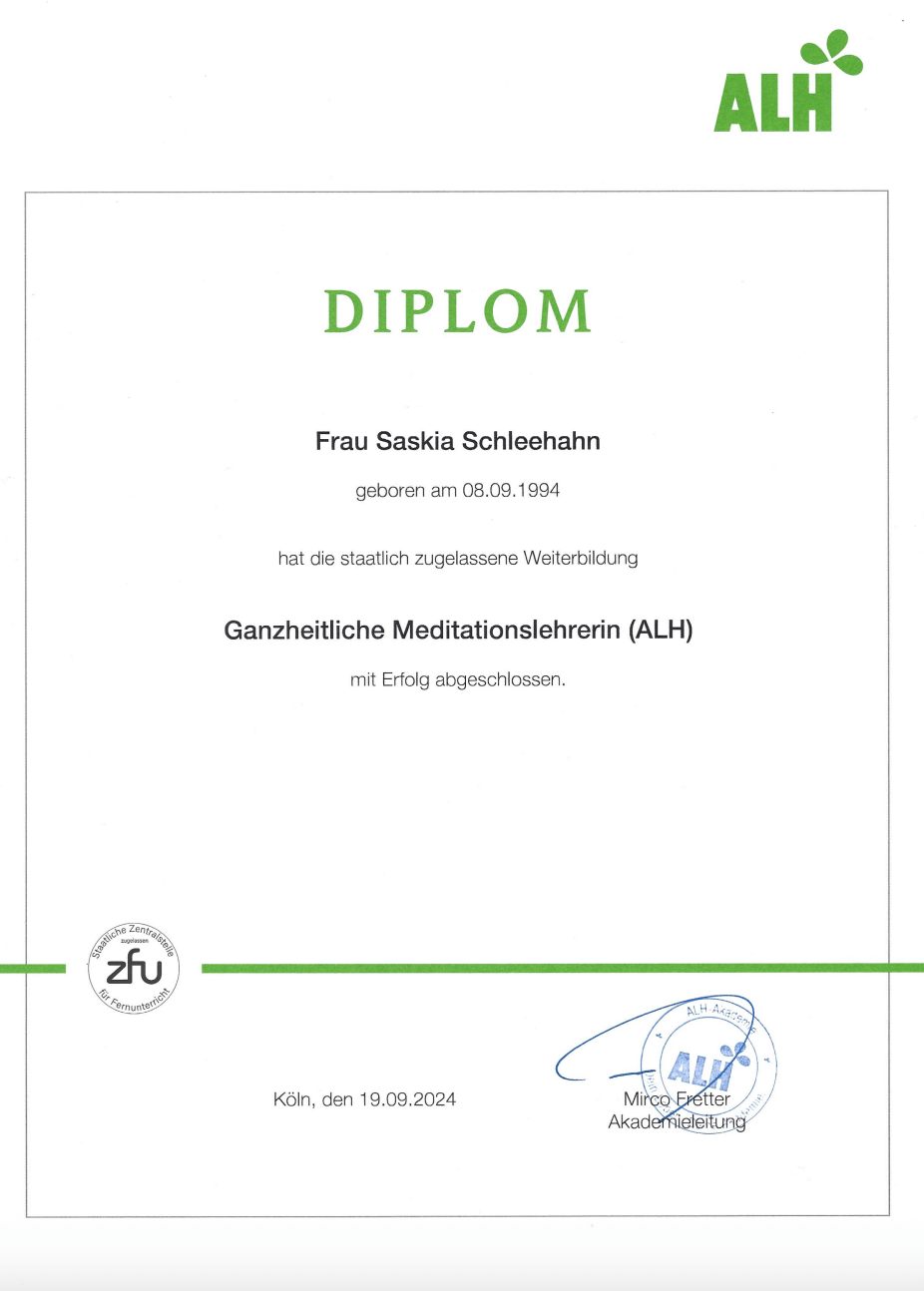 ZERTIFIKAT DIPLOM GANZHEITLICHE MEDITATIONSLEHRERIN