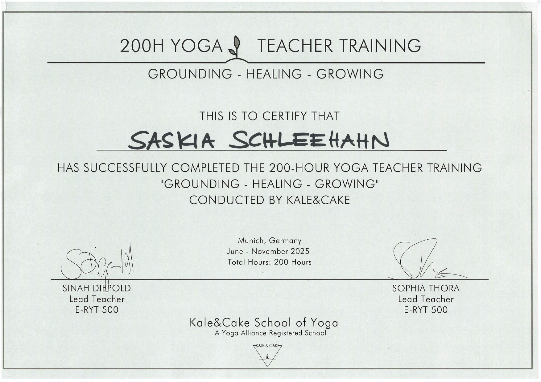 Zertifikat 200H Yoga Teacher Training